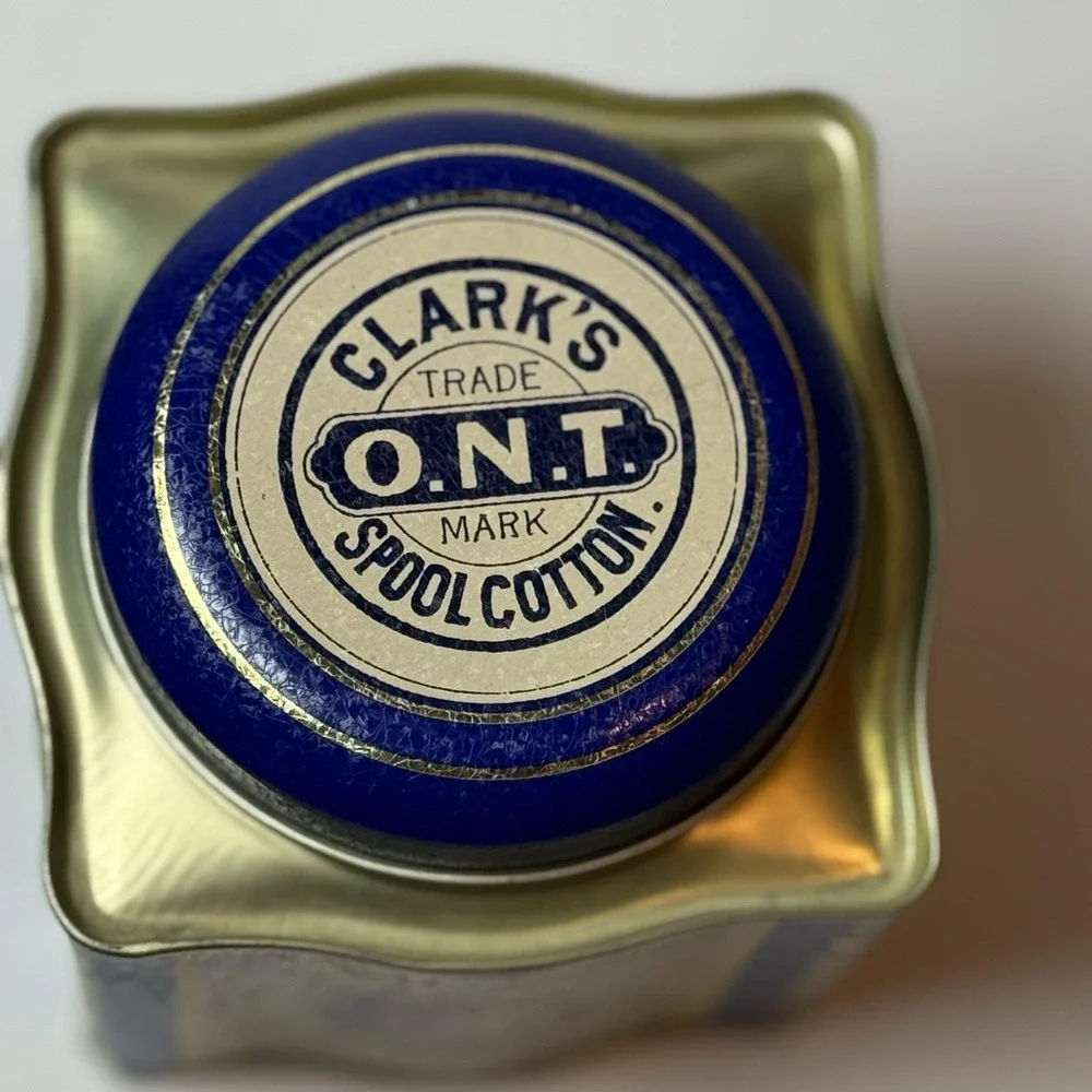 Vintage Clark's O.N.T. Spool Cotton Tin Blue Gold Advertising Sewing Can‎